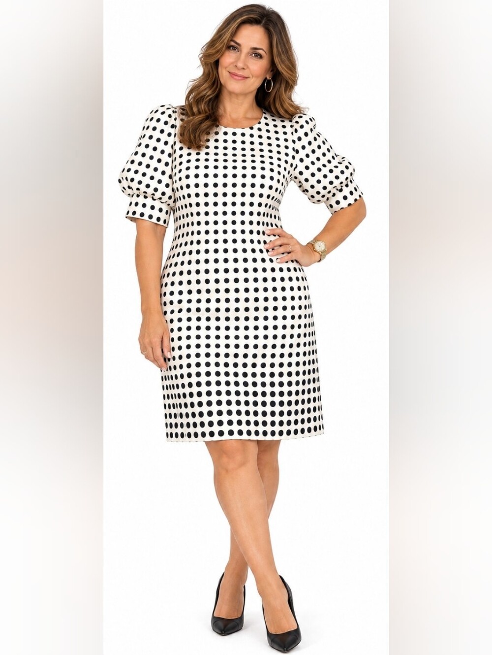 Karl Lagerfeld Black & White Polka Dot Puff-Sleeve Shift Dress